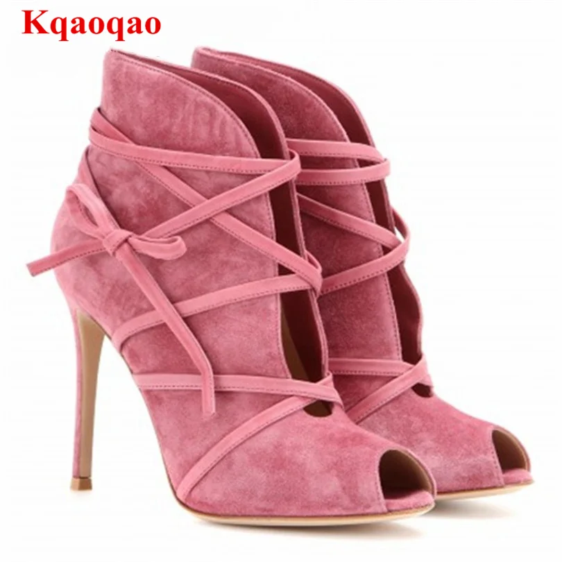 

Women Pumps Lace Up High Thin Heel Fashion Chaussures Femmes Runway Super Star Suede Shoes Zapatos Mujer Peep Toe Cross Tied