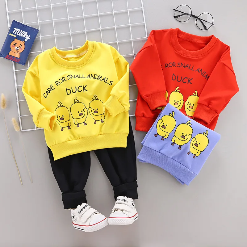 

2019 Toddler Boys Clothes for children Cartoon yellow duck Boy Clothing Set Long sleeves boys t shirt+Pant 2pcs kids clothes set