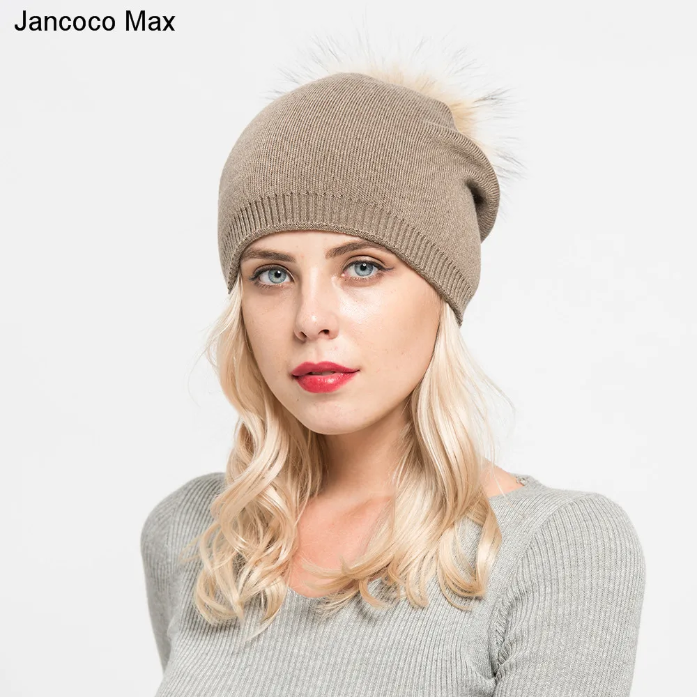 Jancoco Max 2019 зимние женские шапки с помпоном из натурального меха енота высокого
