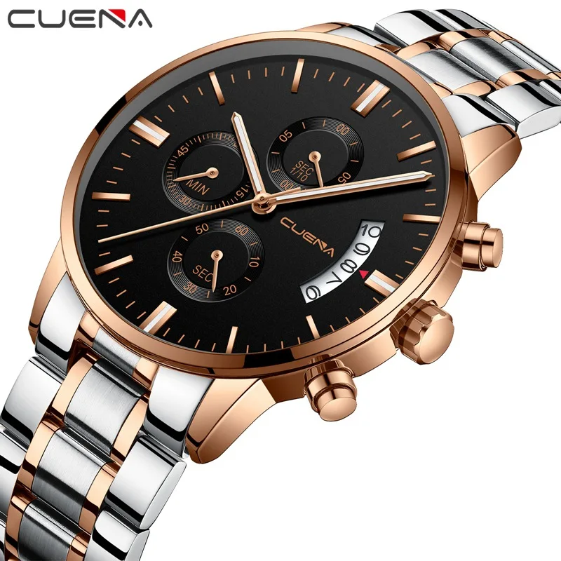 

CUENA Men's Watch Luxury Business Watch Luminous Stainless Steel Band Date Watch Chronograph Male Quartz Clock Military Relojes