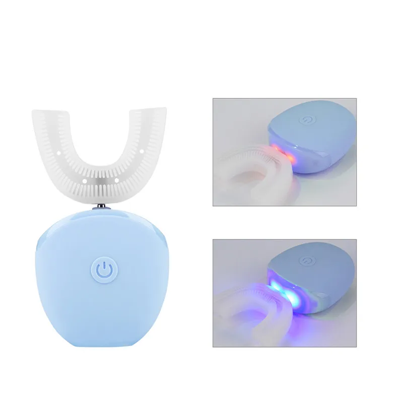 

360 Degrees Intelligent Automatic Sonic Electric Toothbrush USB Rechargeable Ultrasonic U Shape Blue Light Teeth Whitening Clean