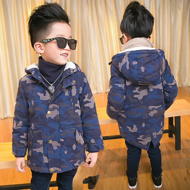 2016 High quality Boys cotton long sleeved hooded cotton camouflage coat children thickening wild long type