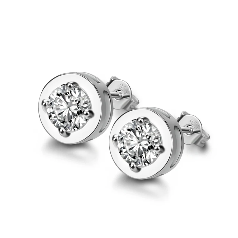 

Fashion dazzling white zircon crystal round Stud earrings Solid 925 sterling silver woman / man couple earrings Charm jewelry