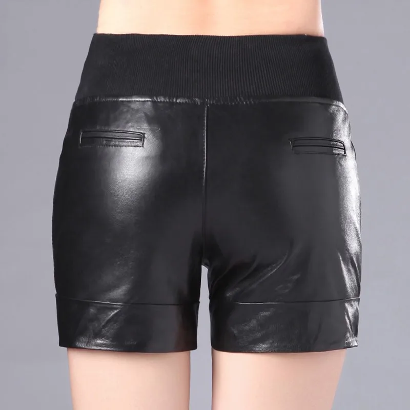 Otoño Invierno Plus Cortos Black De Piel Las Negros Mujeres Genuino Tamaño Real Pantalones Mujer Oveja Vintage Sexy Cuero Casual Slim rCarxHWwqd