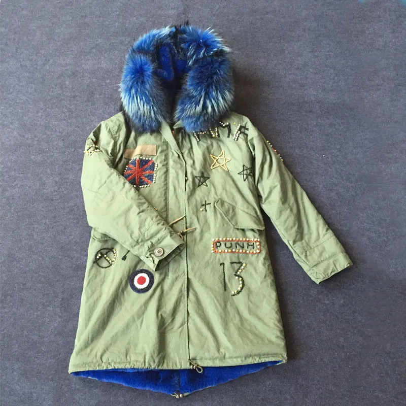 Fashion Beading Britain back and front long Army green jacket with blue fur inside and hood parka Fashion Beading Britain back and front long Army green jacket with blue fur inside and hood parka