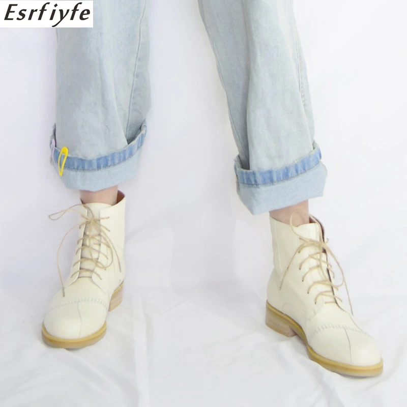 

ESRFIYFE New Women Fashion Thick Heels Motorcycle Boots Genuine Leather Quality Black Zipper Winter Shoes Woman Round Toe Boots