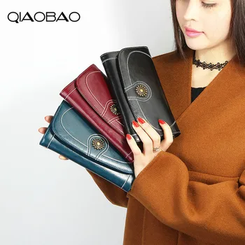 

QIAOBAO 100% Genuine Leather Women Wallets Luxury Brand New Design Hasp Quality Fashion Girls Purse Card Holder Long Clutch