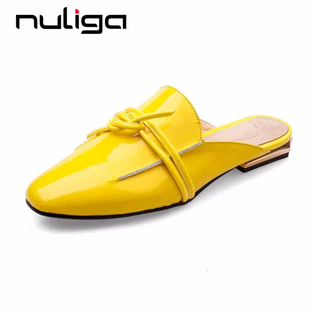 

Nuliga large size bowtie natural leather mules flat with slip on woman movie stars shoes square toe outside brand slippers L1f3