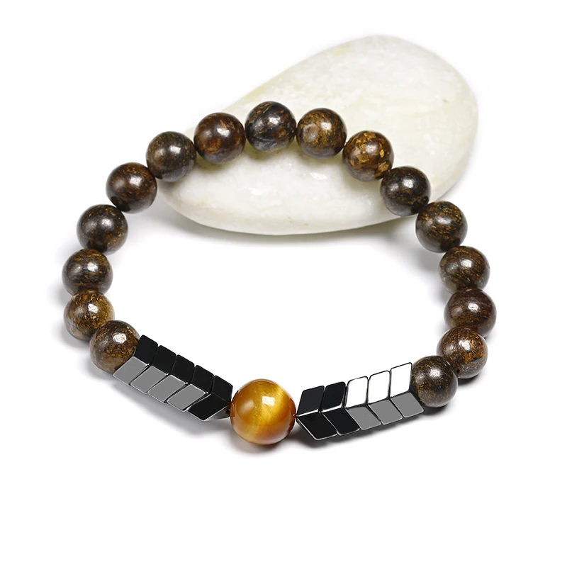 Natural 8MM BRONZITE Stone Beads With 10MM Tiger Eye Strand Bracelet Arrow Hematite Bracelet Men Best Gift Jewelry
