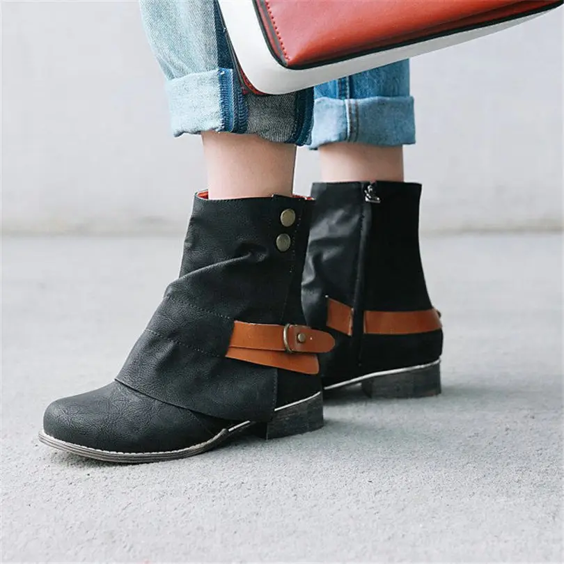 

NAYIDUYUN Women Low Heel Retro Riding Ankle Boots Winter Round Toe Hi-Top Party Rivets Pumps Warm Casual Shoes Plus Size