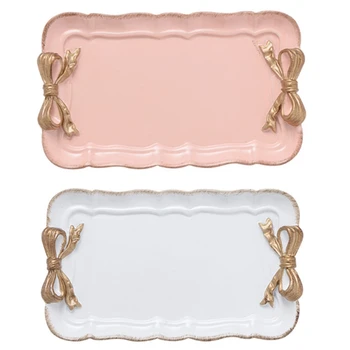 

2Pcs European Style Bow Cake Storage Trays Makeup Organizer Dessert Plate Square Decor Tray Kitchen Multi-Function Storage Tra