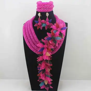 Luxury Fuschia Pink/Mix Beads Nigerian Wedding African Jewelry Sets for Brides Women Flower Jewellery Set Free Shipping LK0021