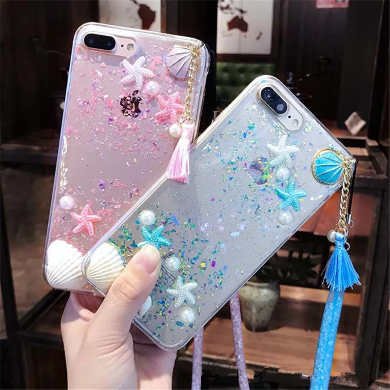 Phone Case for XS MAX XR 6Plus 7Plus 3D Pearls Conch Shell Tassels Soft Silicon Clear iphone 6 6S 7 8 X Plus Coque | Мобильные