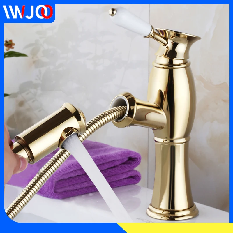 

Bathroom Basin Faucets Gold Brass Pull Out Sink Faucet Shower Antique Creamic Single Hole Handle Hot and Cold Water Mixer Taps