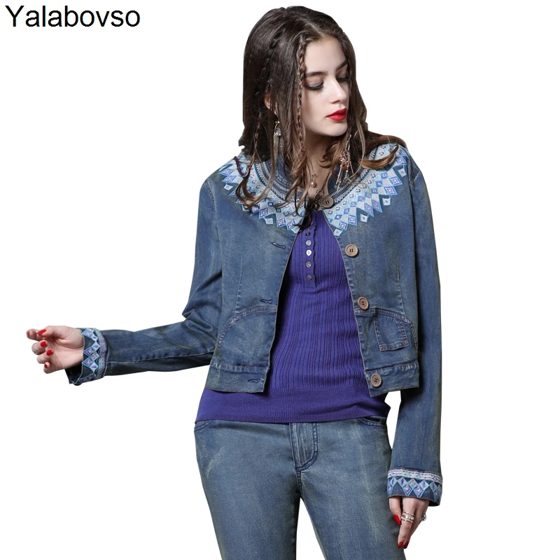 

Vintage Patchwork Slim Ladies Cool Cowboy Button Jacket Coat fow woman A0b Embroidery Full Sleeve Autumn Short Denim Jacket Z20