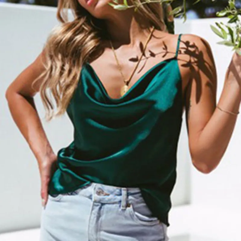 

Summer Solid Sleeveless Casual Camis Strappy Vest Top Tee V-neck Female Vest Women Imitation Silk Shirt Ladies Clothes W3