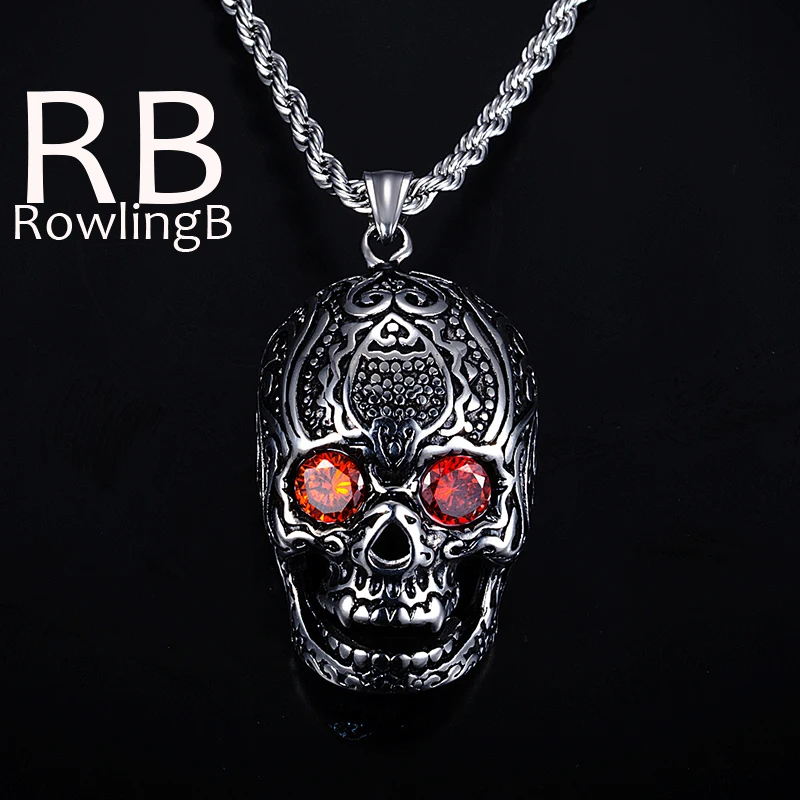 Stainless Steel Punk Skeleton Necklaces&Pendants Silver Color Red Eyes