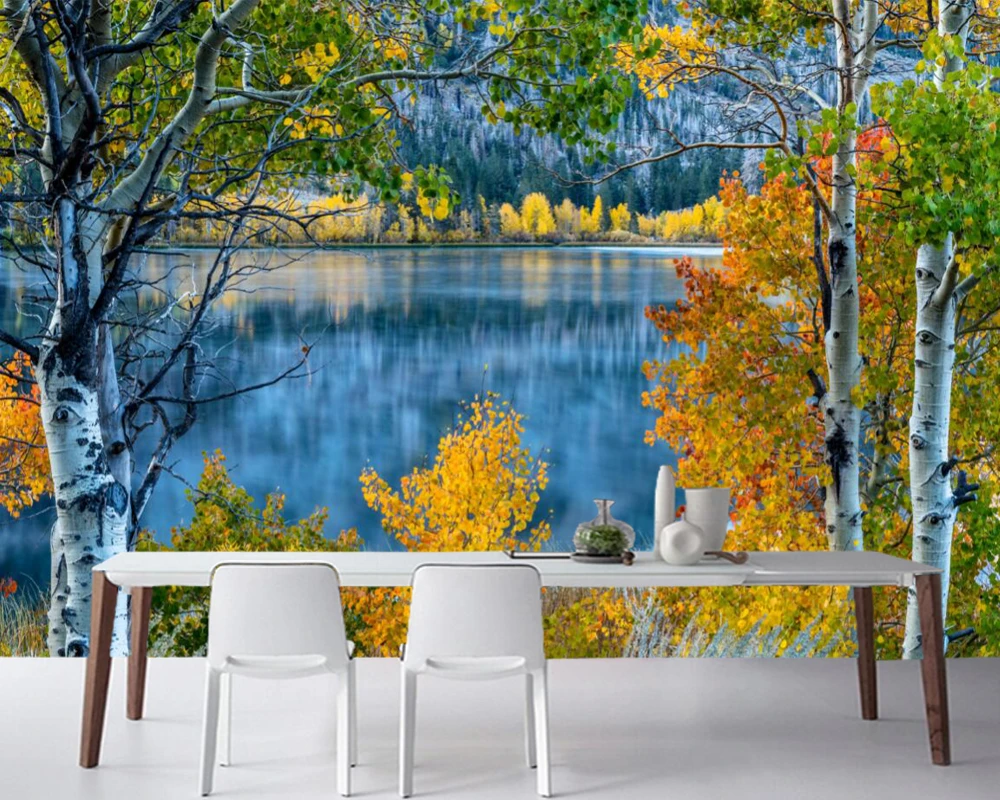 Papelデparede秋月湖樺の木自然写真の壁紙 リビングルームのソファテレビの背景の寝室の壁紙家の装飾 Wallpapers Aliexpress