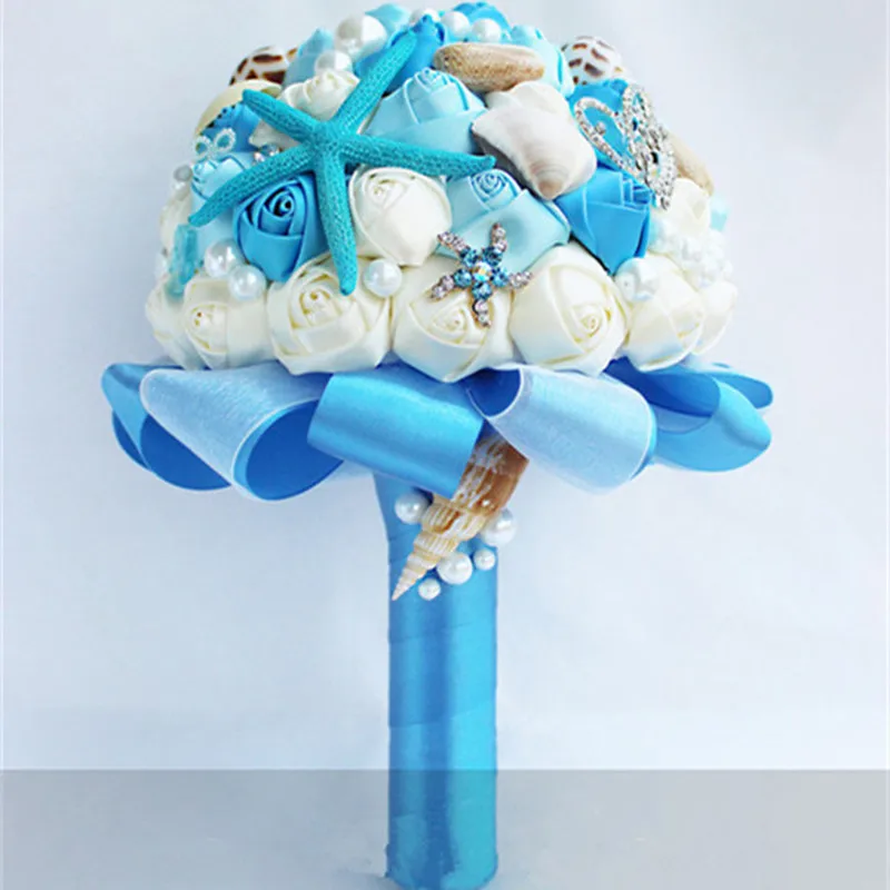 Ручной работы синий морской Стиль Свадебные букеты жемчужные бусины и ракушки Свадебный букет для пляжа Свадьба Цветок на запястье 20 см - Цвет: wedding bouquet