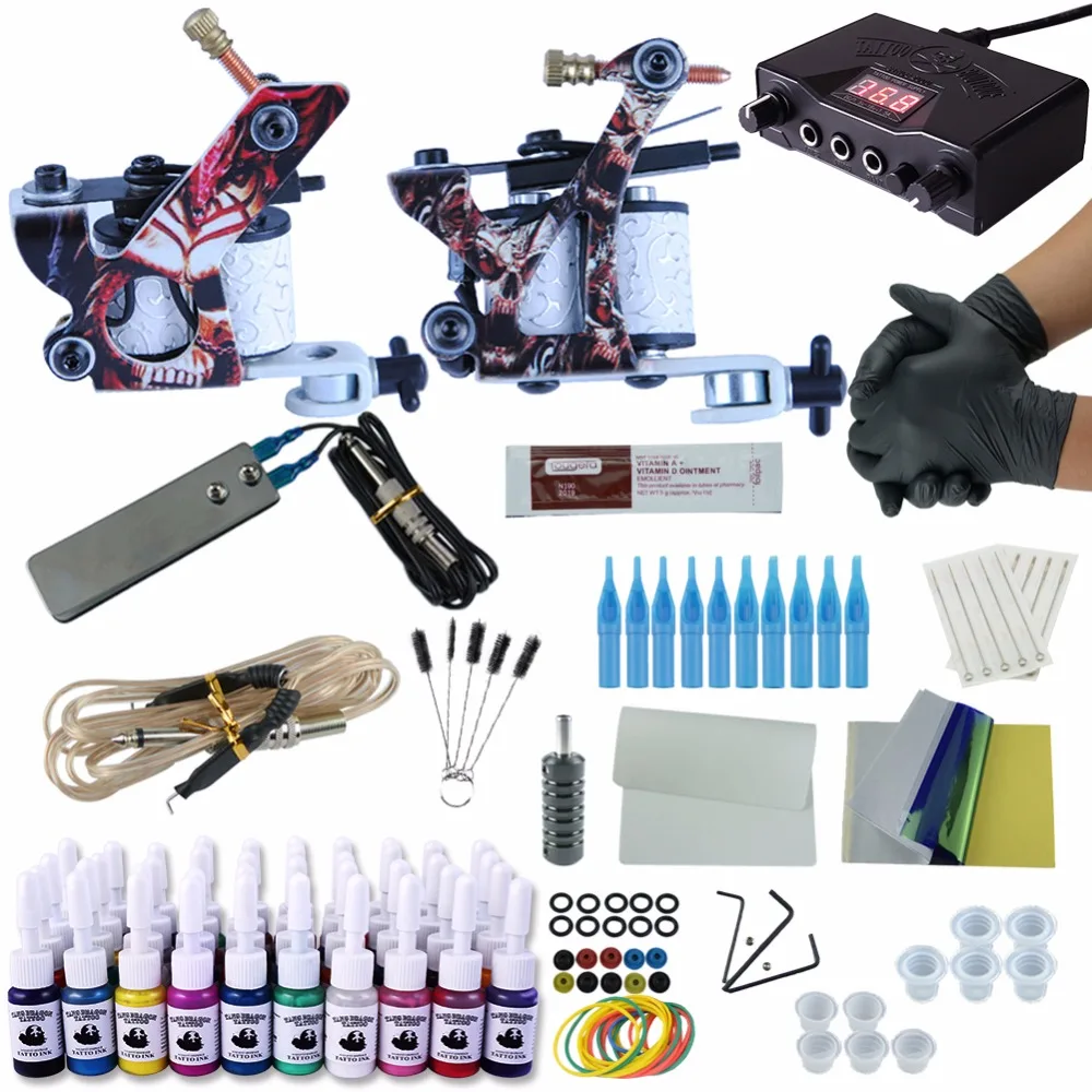 

Complete Tattoo Kit 2 Tattoo Machines Gun Black Ink Set Power Supply Grips Body Art Tools Set Tattoo Permanent Makeup Tattoo Set