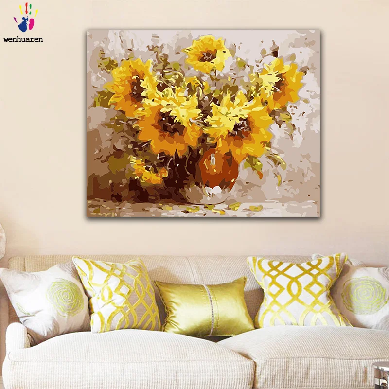 

DIY colorings pictures by numbers with colors Sunflower still life vase picture drawing painting by numbers framed Home