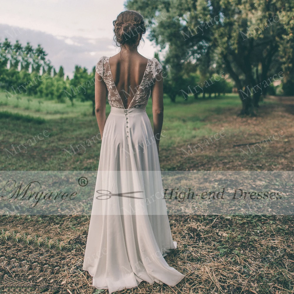 Mryarce Rustic Wedding Dress Scoop Lace Short Sleeves Chiffon A Line Open Back Bridal Gowns robe de mariee  (3)