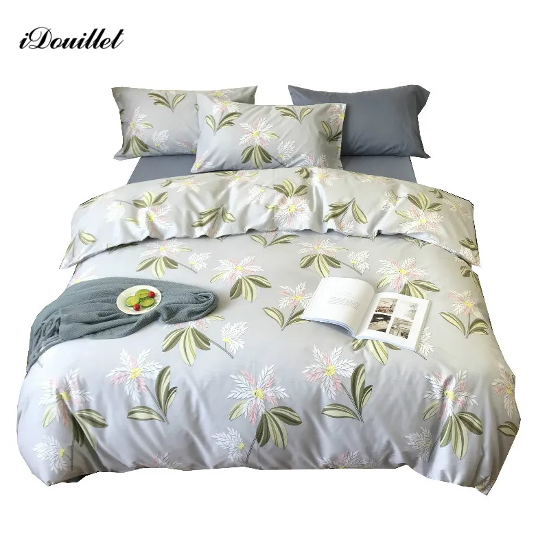 

iDouillet Shabby Chic Floral Bedding Set 4pcs 100% Cotton Zipper Duvet Cover Bed Fitted Flat Sheet Pillowcases Queen King Size