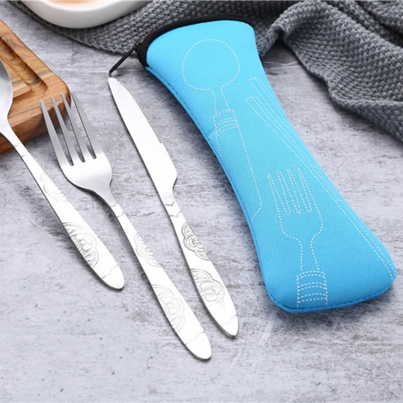 

3Pcs/set Portable Stainless Steel Cutlery Set Travel Dinner Set Knives Forks Spoons Outdoor Camping Tableware Set With Carry Bag