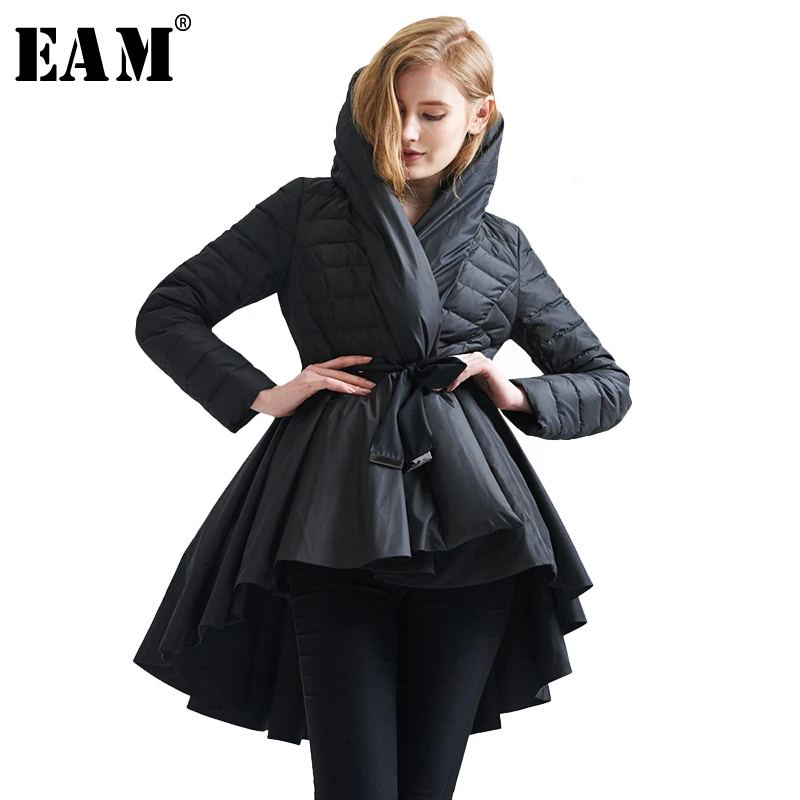 

[EAM] 2019 Temperament Winter Fashion Loose Coat Tide New Pattern Dovetail Hem Parkas Jackets Women Solid Color Coat YA108