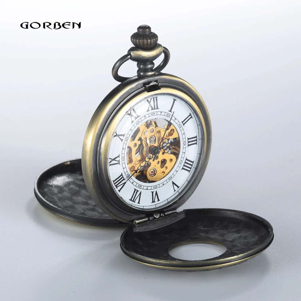 Ретро римские весы корпус стимпанк резьба бронза Механические карманные часы мужские роскошные брелок цепь 2 стороны Открытые женские часы