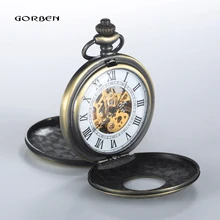 2016 Rétro Romaine Échelle Cas Steampunk Sculpture Bronze de Poche Mécanique montres Hommes De Luxe FOB Chaîne 2 Côtés Ouverts Femmes Montres