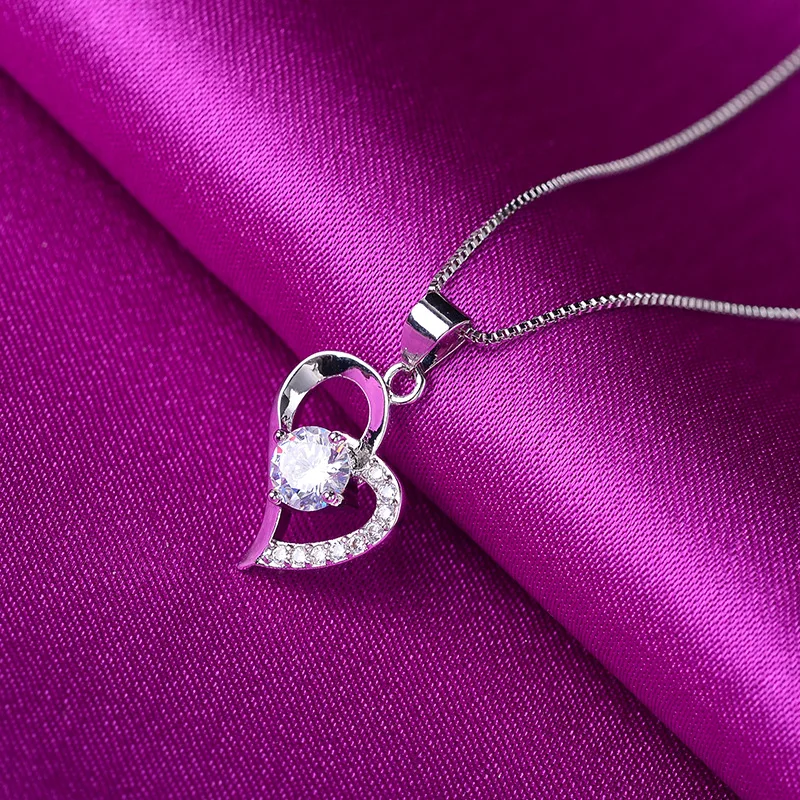 

925 Sterling Silver Box Chain Cubic Zircon Heart Charm Pendant Choker Necklace For Girl Women Statement Jewelry Gifts dz772
