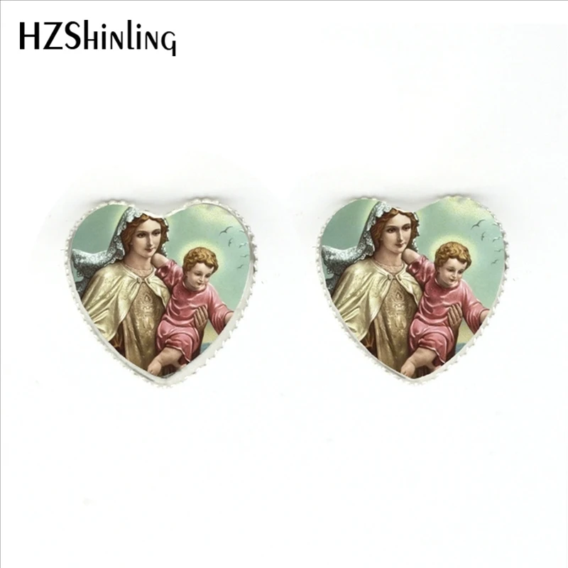

2017 New Arrival Blessed Virgin Mary Stud Earrings Handmade Art Photo Glass Dome Mother of Baby Heart-Shaped Earring