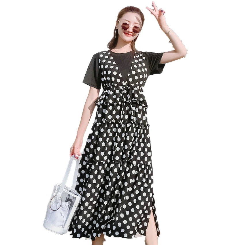 

Woman Polka Dot Dress 2PCS Robe Femme Black White Top With Sundress Women Casual Twinset Dresses Side Split Vestidos Mujer 2019