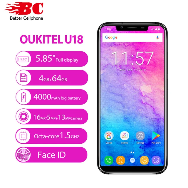 Cheap Original OUKITEL U18 Android 7.0 MTK MT6750T Octa-core 1.5Ghz 5.85" 4G+64G 4000mAh Dual 16MP &5MP Back Camera Face ID Smartphone