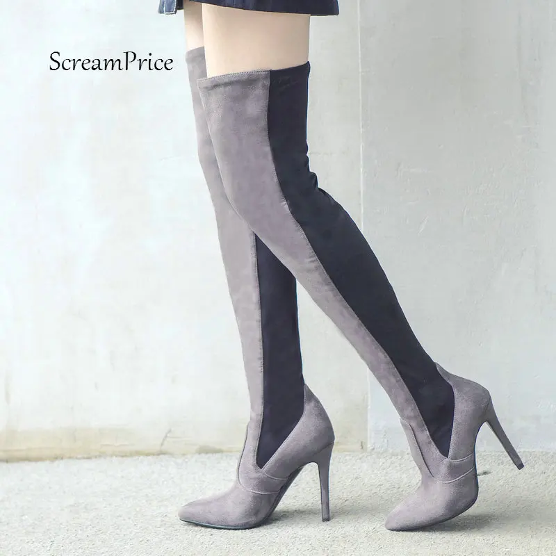 

Women Boots Flock Over the Knee Boots Sexy Thin High Heel Thigh Boots Pointed Toe Winter Ladies Shoes Plus Size 2018 Black Gray