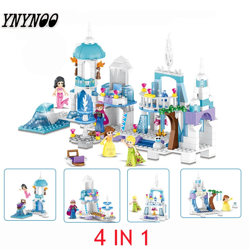 

YNYNOO 4 in 1 Princess Mermaid Elsa Anna Ice Castle Building Blocks Sets Kids toys Compatible legoings Friends 37024 for girl