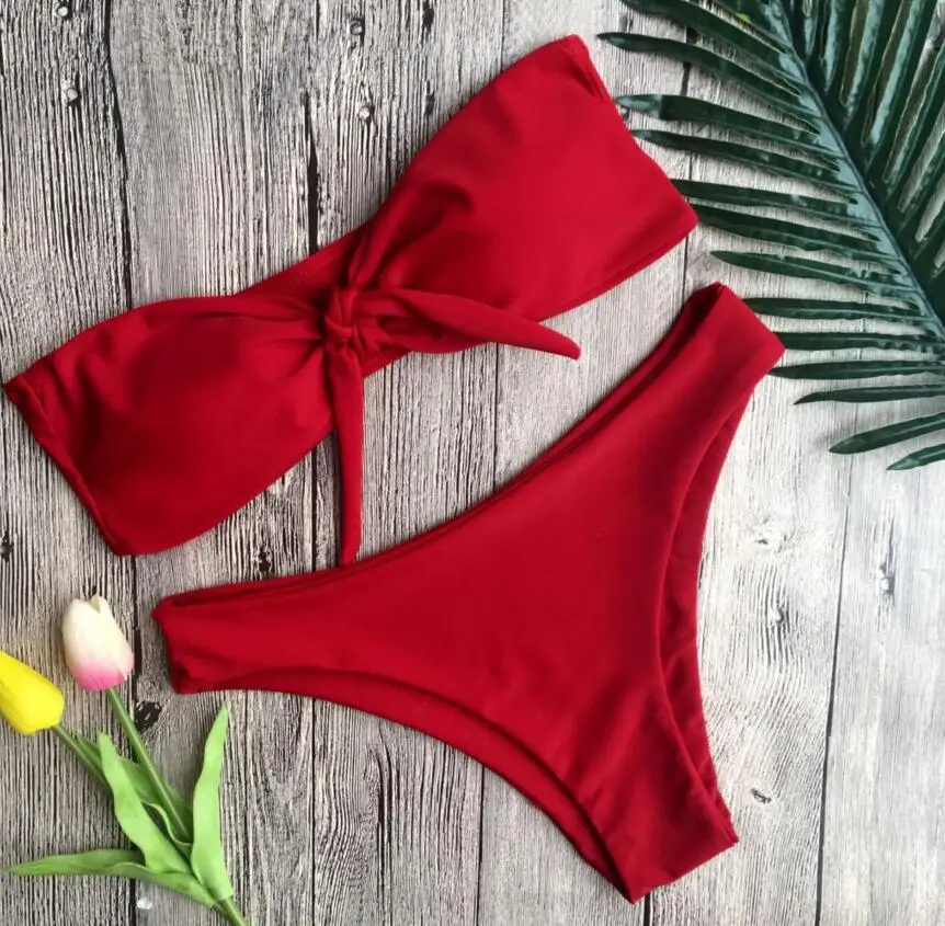 

Sexy Swimwear Solid Women Swimsuit V Neck Bikinis Set Pants Adjust