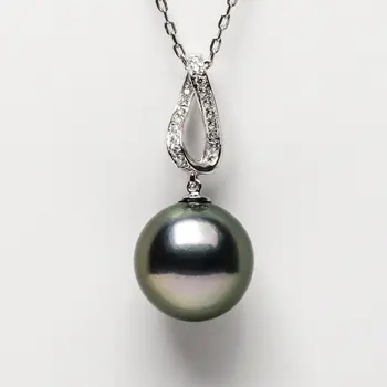 

Gorgeous 11.5MM Round Black Green Tahitian Cultured Pearl Pendant 14k White Gold Free Shipping