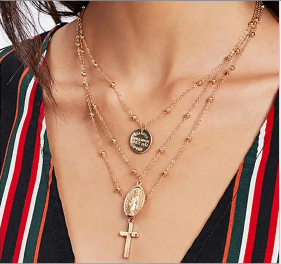 

Brand Fashion Retro Personality European Style Accessories Alloy Virgin Cross Multi layer Pendant Necklace Christian Gift