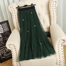 Лидер продаж модные женские туфли пикантные Кружево сетки плиссированные юбки Винтаж Повседневное элегантный тюль Бисер эластичные Высокая Талия выдалбливают длинная юбка 125