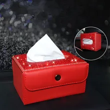 Красный Автомобильный тканевый ящик с Блестящие кристаллы кожаный приборной панели тканевый чехол для спинки сиденья подвесной бумажный контейнер для полотенец для женщин