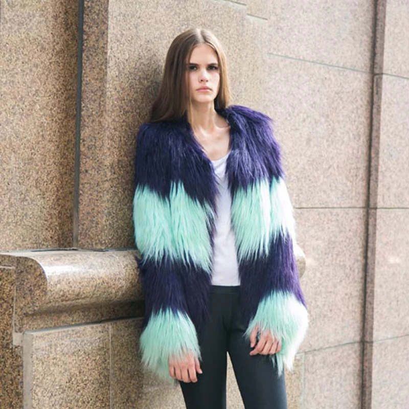 

Women Faux Fur Coat Long Sleeve Fashion Female Fur Outercoat Blusa Femininos Thick Warm Winter Outwear Patchwork Fake Fur Jacket