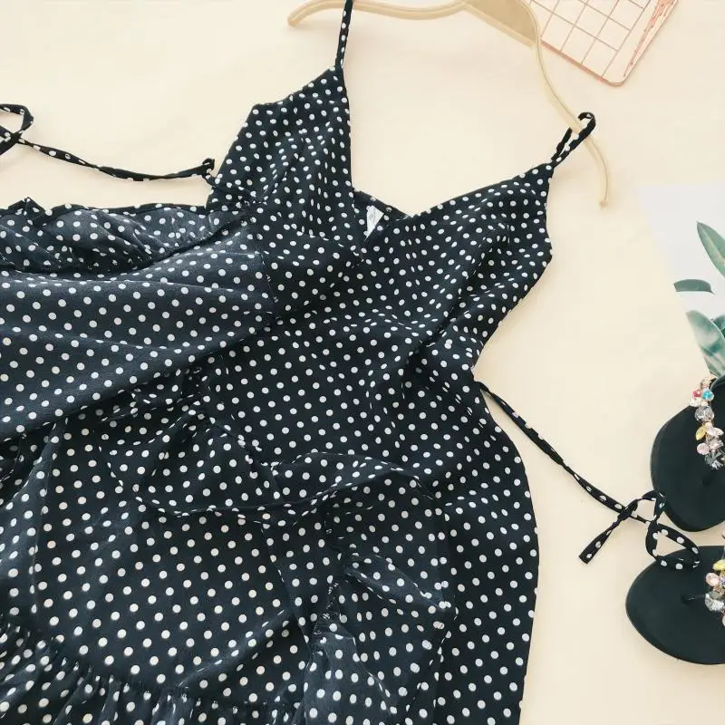 ALPHALMODA Summer Women Ruffled V-collar Sleeveless Sling Dress Popular Polka Dot Prints Irregular Ruffled Holiday Vestidos