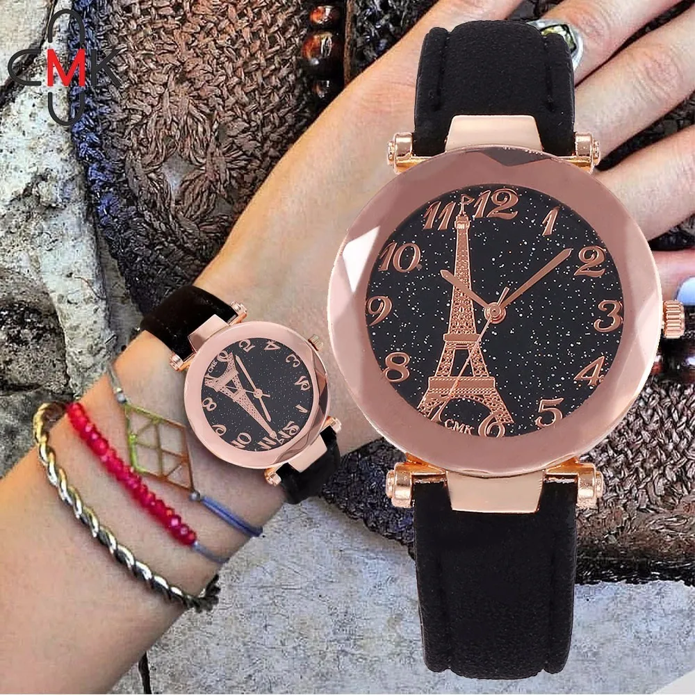 

CMK Fashion Women Romantic Starry Sky & Eiffel Tower Dial Wrist Watch Luxury Leather Dress Clock Relogio Feminino Drop Shipping