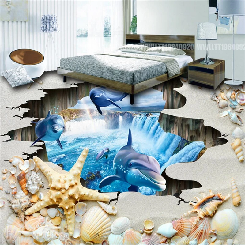 beibehang Copyright picture beach shells Photo Self-adhesive Wallpaper 3D Floor Waves Mural PVC Living Room Bathroom | Обустройство