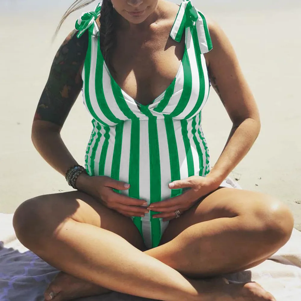 Беременности и родам купальники Для женщин в полоску принт бикини купальник пляжный костюм для беременных с бантом пикантные Цельный купальник hamile mayo A1