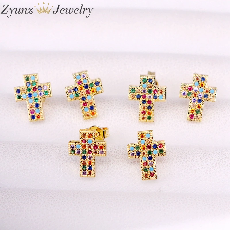 

10Pairs, 9*11mm, Rainbow Stud Earring colorful cz paved Multi Zirconia Cross Shaped micro pave cz fashion trendy jewelry
