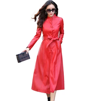 

2018 New Spring Autumn Faux leather Jackets Slim X-Long Elegant Pu Windbreaker Coat Plus Size Women Thin Adjustable Waist Jacket