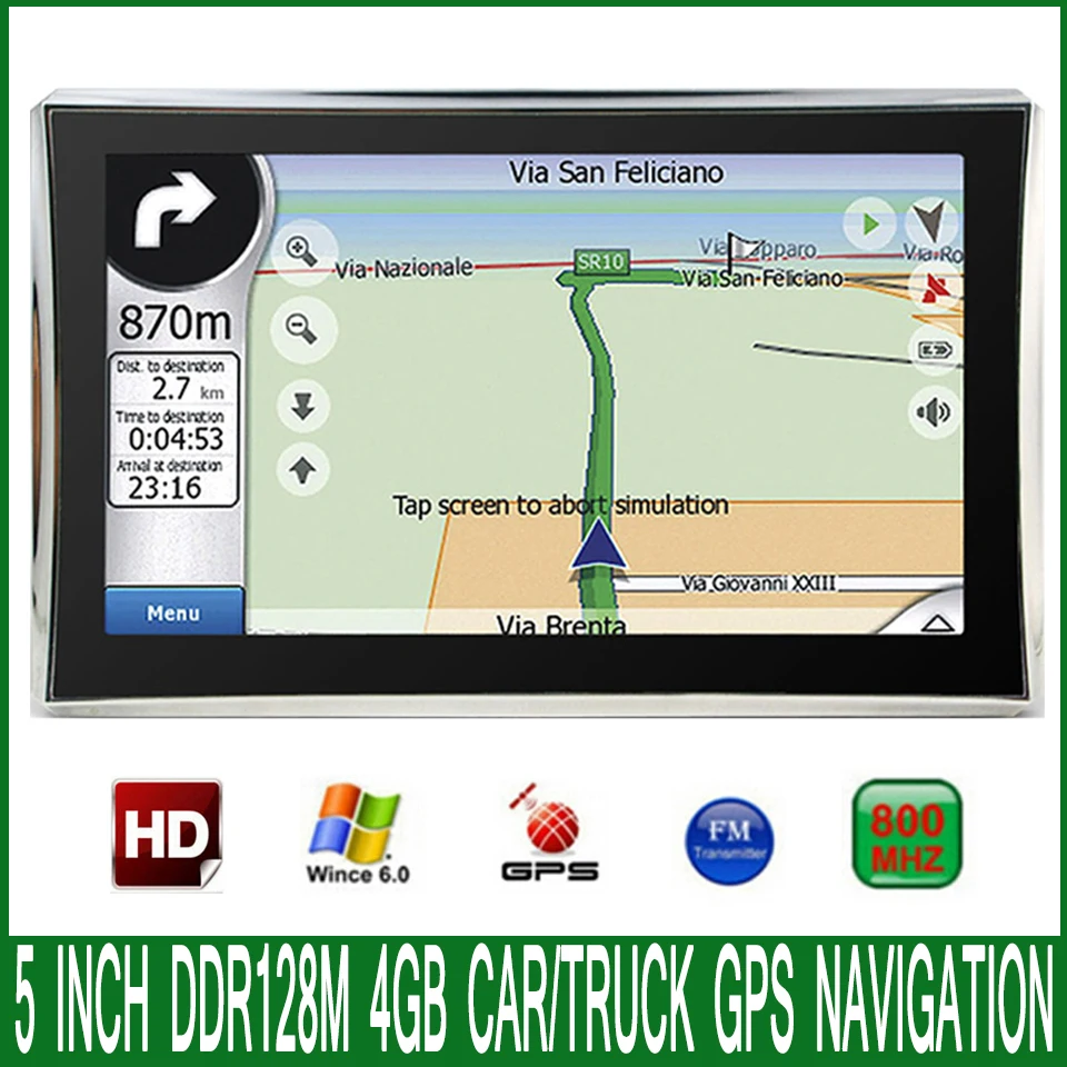 

5 inch HD Car OS CE 6.0 GPS Navigation CPU 800MHZ FM/4GB 128M Newest Maps For Europe/USA/Russia MTK MS2531 vehicle Navigator